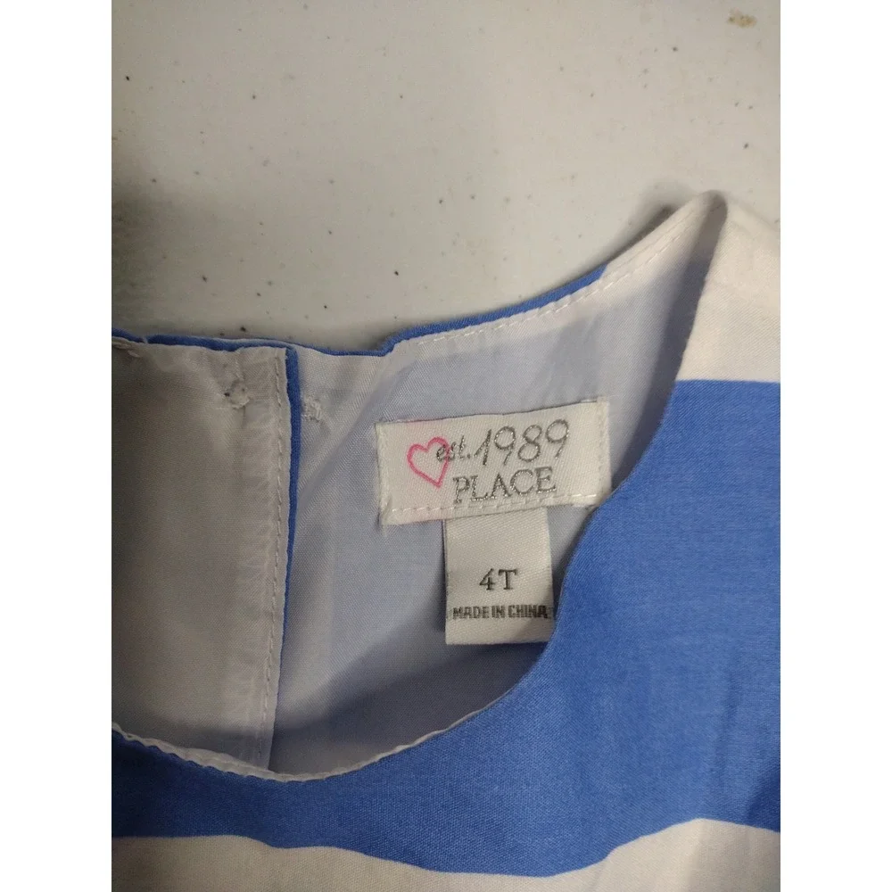 The Childrens Place Girls Blue White Striped Daisy Dress Pink Ribbon 4T - Picture 3 of 6